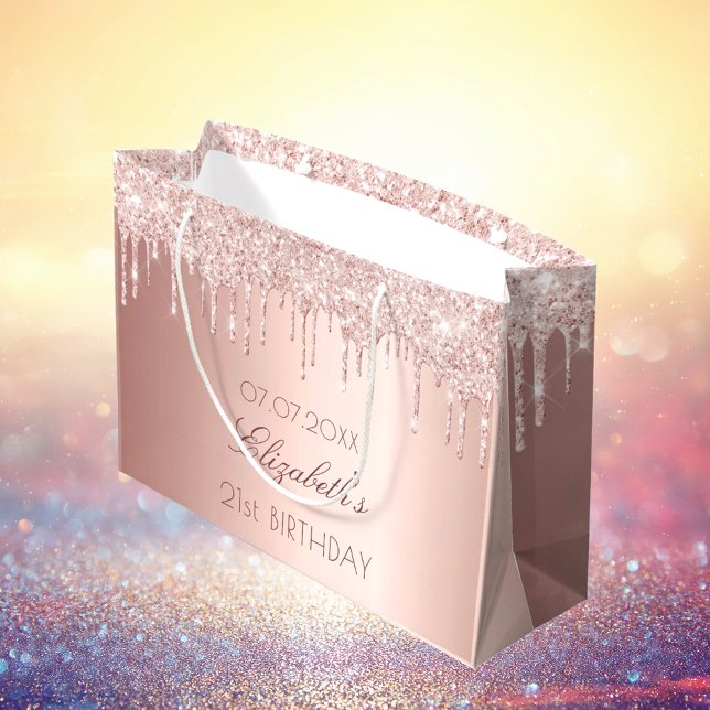 Grand Sac Cadeau Anniversaire blush rose or gouttes nom (Créateur téléchargé)