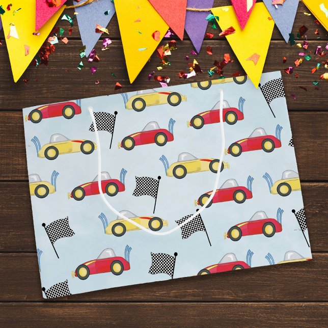 Grand Sac Cadeau Anniversaire Boy Whimsical Race Cars mignon Motif (Créateur téléchargé)