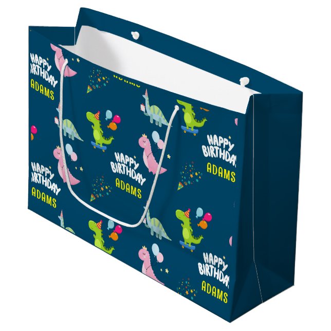 Grand Sac Cadeau Anniversaire de enfant Dinosaures personnalisé (Devant Angle)