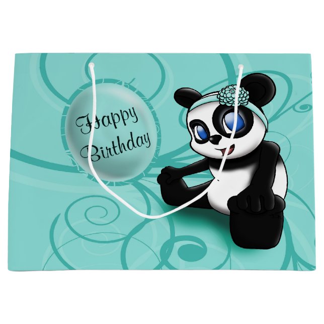 Grand Sac Cadeau Anniversaire du Panda Turquoise (Devant)