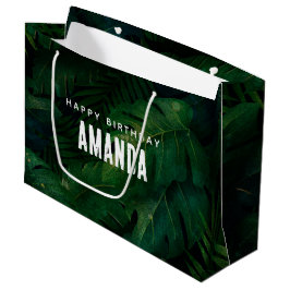 Grand Sac Cadeau Anniversaire Feuilles Tropicaux Vert Foncé Exotiqu