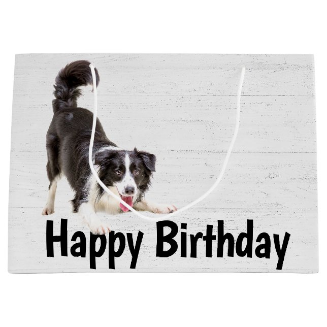 Grand Sac Cadeau Anniversaire Frontière Collie sur bois (Devant)