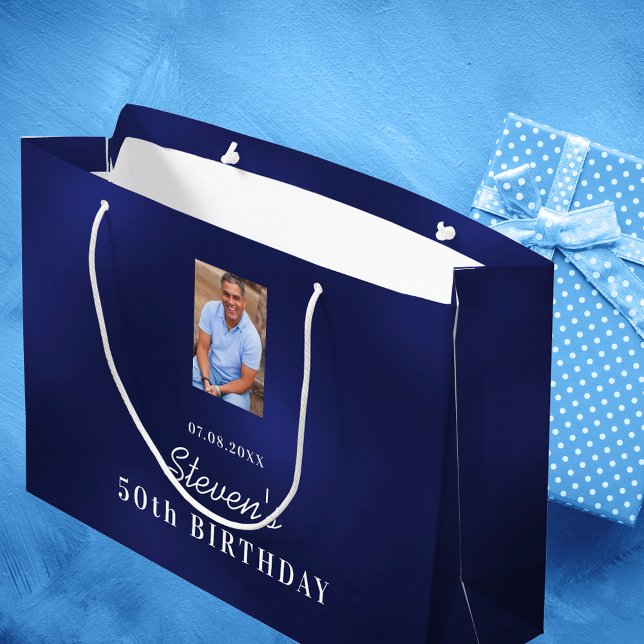 Grand Sac Cadeau Anniversaire marine bleu blanc personnalisé photo  (Créateur téléchargé)