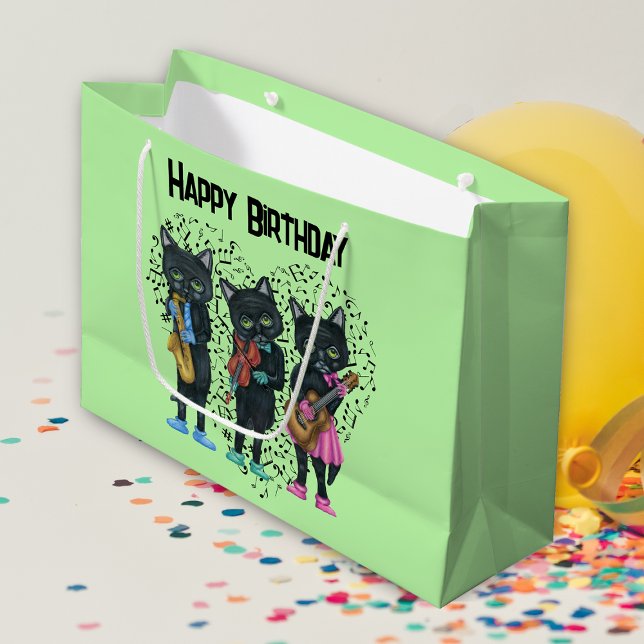 Grand Sac Cadeau Anniversaire Musical Black Cats Instrument Coeur V (Musical black cats playing instruments heart of music notes on Birthday green gift bag.)