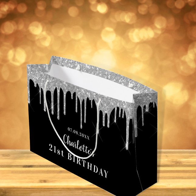 Grand Sac Cadeau Anniversaire noir argent parties scintillant goutt (Créateur téléchargé)