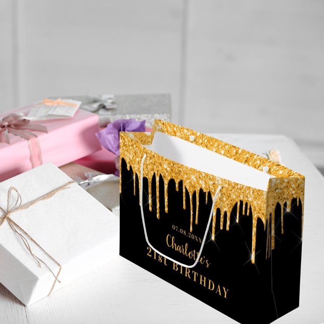 Grand Sac Cadeau Anniversaire noir parties scintillant gouttes d'or (Créateur téléchargé)