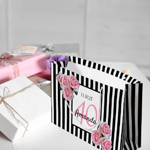Grand Sac Cadeau Anniversaire noir rayures rose florales monogramme
