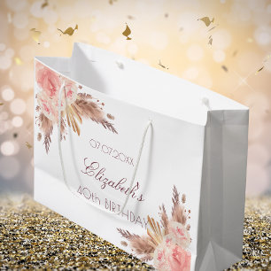 Grand Sac Cadeau Anniversaire pampas herbe rose or blush floral