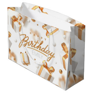 Grand Sac Cadeau Anniversaire personnalisé or et rayures blanches