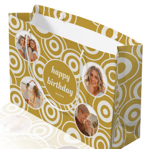 Grand Sac Cadeau Anniversaire Photo Collage Cercles rétro Jaune