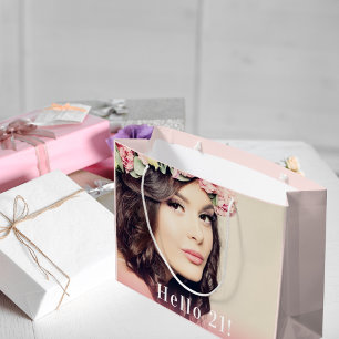 Grand Sac Cadeau Anniversaire photo personnalisée Bonjour 21 or ros