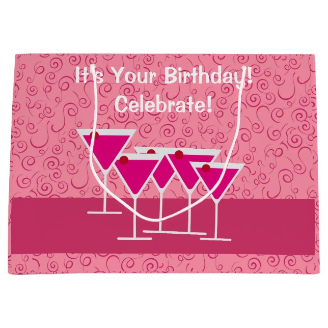 Grand Sac Cadeau Anniversaire Pink Cosmo Martini alcool Événement s (Devant)