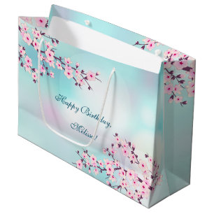 Grand Sac Cadeau Anniversaire rose de turquoise de fleurs de