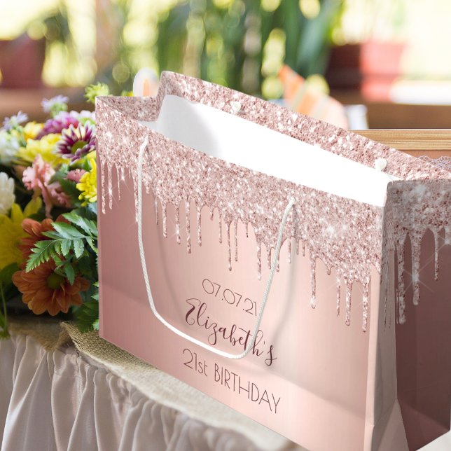 Grand Sac Cadeau Anniversaire rose gouttes d'or rose girly (Créateur téléchargé)