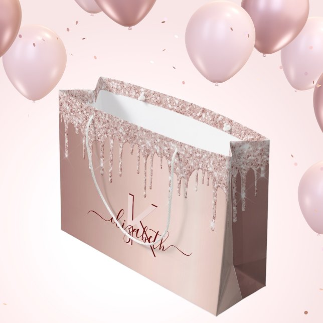 Grand Sac Cadeau Anniversaire rose or parties scintillant rose mono (Créateur téléchargé)