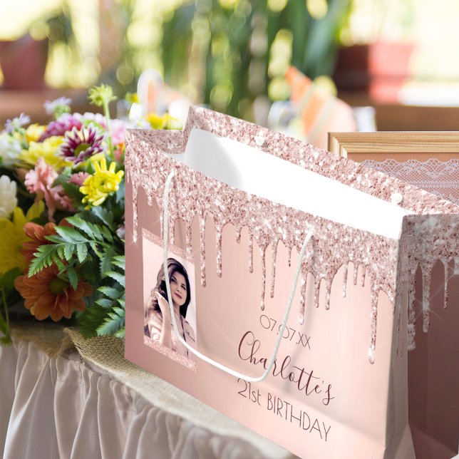 Grand Sac Cadeau Anniversaire rose or photo gouttes roses (Créateur téléchargé)