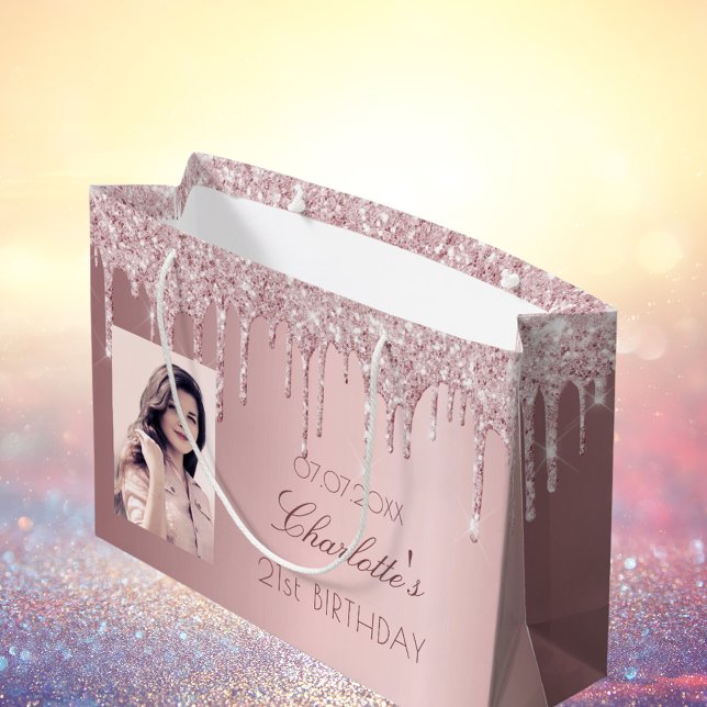 Grand Sac Cadeau Anniversaire rose pâle gouttes de parties scintill (Créateur téléchargé)