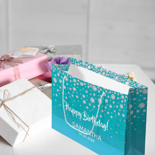 Grand Sac Cadeau Anniversaire turquoise bleu vert nom de la parties