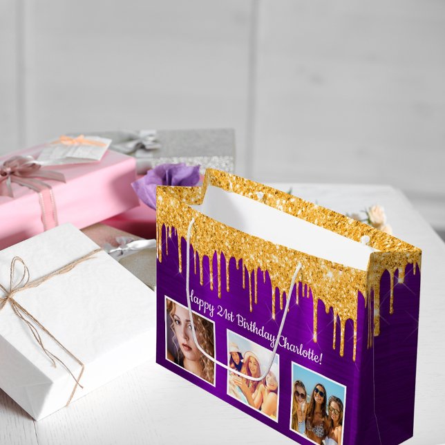 Grand Sac Cadeau Anniversaire violet or parties scintillant gouttes (Créateur téléchargé)