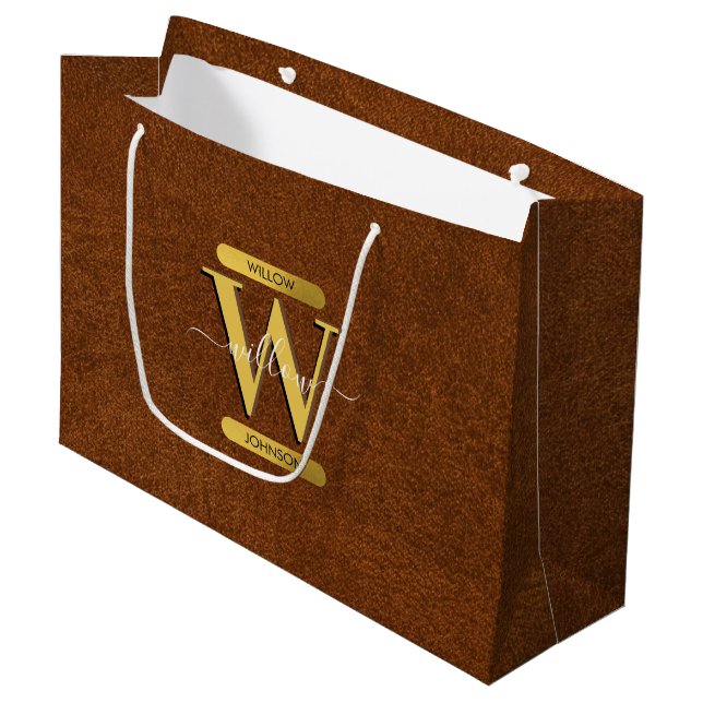 Grand Sac Cadeau Antique Faux Cuir & Or Monogramme (Devant Angle)