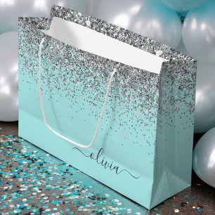 Grand Sac Cadeau Aqua Bleu Turquoise Argent Paillettes Monogramme