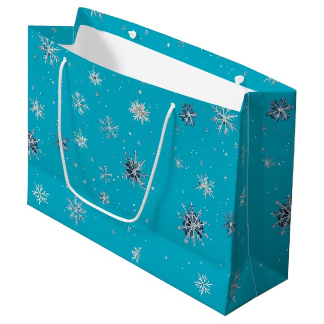 Grand Sac Cadeau Aqua Blue Silver White Christmas Snowflakes (Devant Angle)
