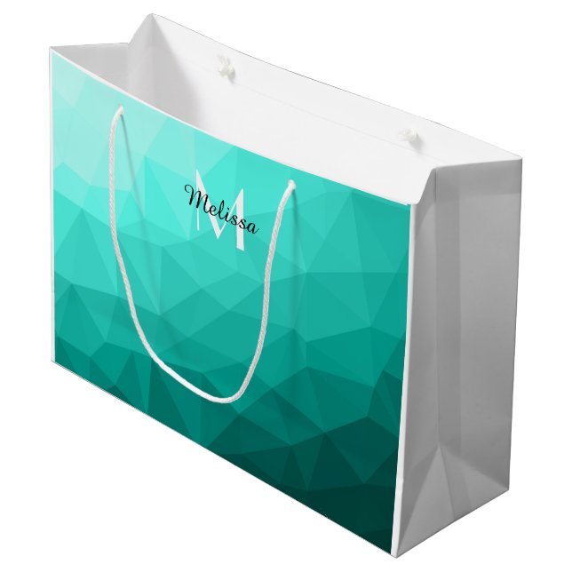 Grand Sac Cadeau Aqua Turquoise Gradient Monogramme de maillage géo (Devant Angle)
