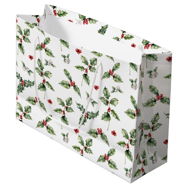 Grand Sac Cadeau Aquarelle Baies rouges, Mistletoe et Feuilles creu (Devant Angle)