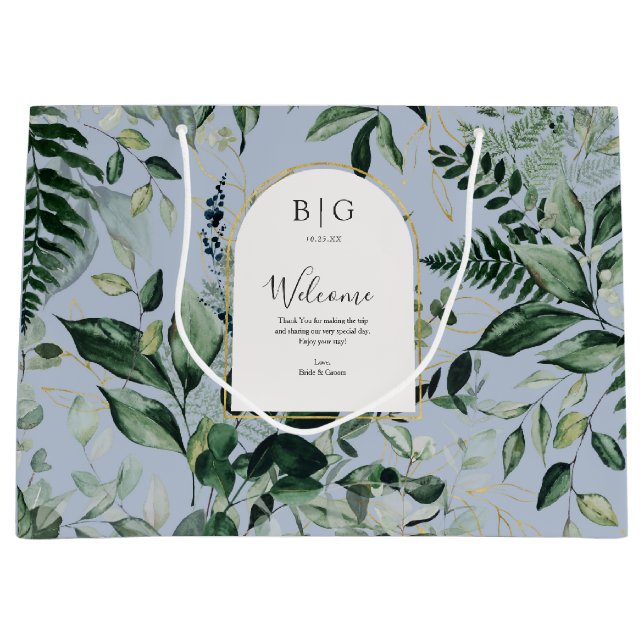 Grand Sac Cadeau Aquarelle bleu Dusty mariage botanique bienvenue (Devant)