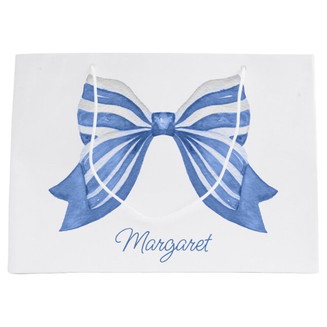 Grand Sac Cadeau Aquarelle Bleue Bleu Barré Bow (Devant)