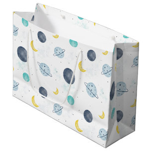 Grand Sac Cadeau Aquarelle Blue Space Planet Motif