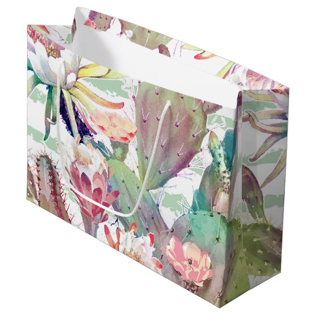 Grand Sac Cadeau Aquarelle Cactus Floral Stripes Design (Devant Angle)