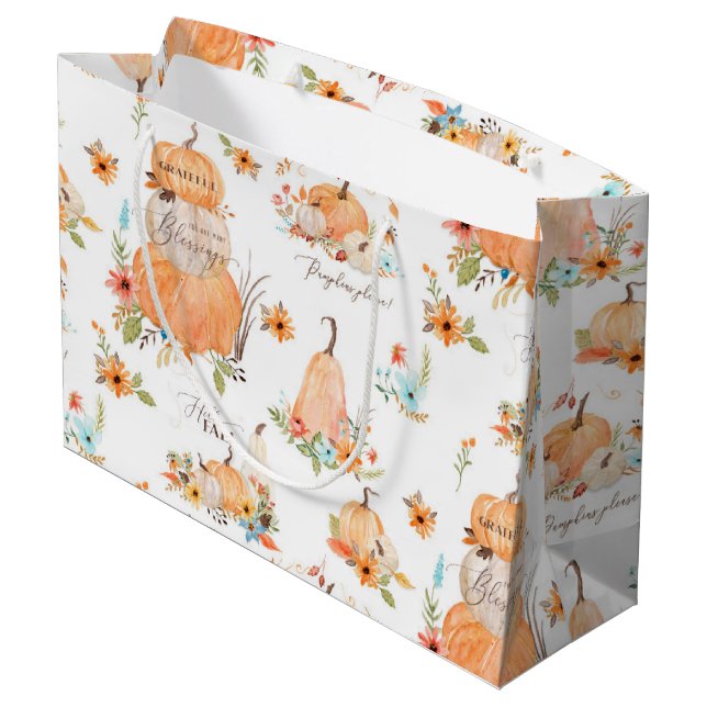 Grand Sac Cadeau Aquarelle citrouille Fleurs d'automne dans Feuille (Dos Angle)