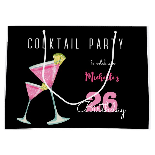 Grand Sac Cadeau Aquarelle Cocktail fête d'anniversaire noir (Devant)