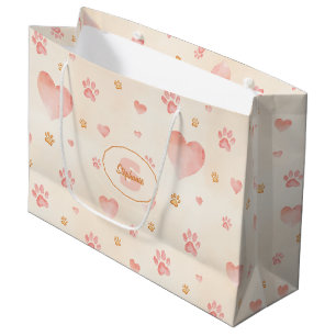 Grand Sac Cadeau Aquarelle Coeurs et Empreintes de pattes Motif