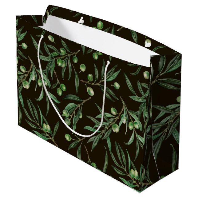 Grand Sac Cadeau Aquarelle des branches d'olive en noir (Dos Angle)
