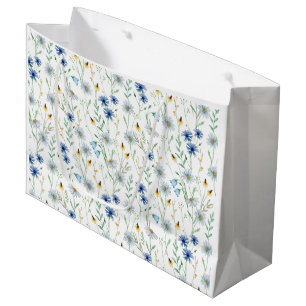 Grand Sac Cadeau Aquarelle Fleur sauvage bleu