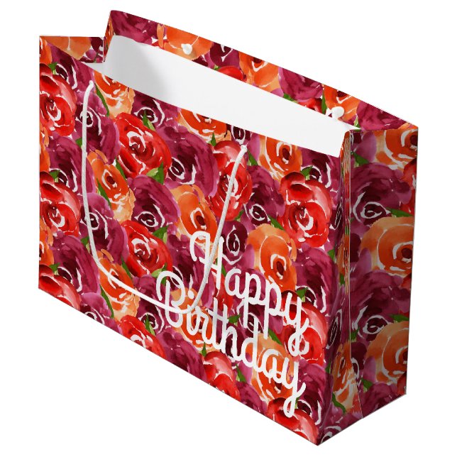 Grand Sac Cadeau Aquarelle Floral Collage Joyeux anniversaire (Devant Angle)