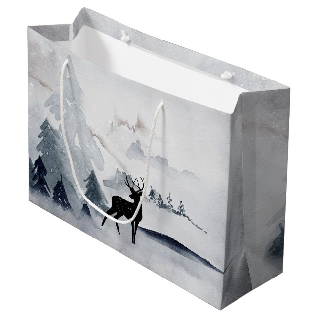 Grand Sac Cadeau Aquarelle gris rustique de rennes d'hiver (Devant Angle)