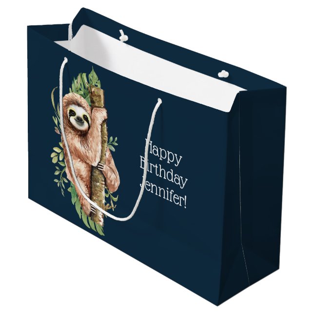 Grand Sac Cadeau Aquarelle mignonne Sloth & Feuilles tropicaux Anni (Devant Angle)