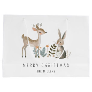 Grand Sac Cadeau Aquarelle minimaliste Cerf et lapin de bois