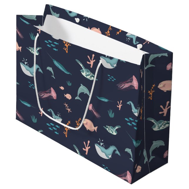 Grand Sac Cadeau Aquarelle Océan Sea Animaux Motif bleu (Devant Angle)