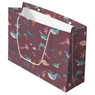 Grand Sac Cadeau Aquarelle Océan Sea Animaux Motif rose pâle