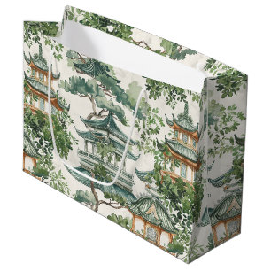 Grand Sac Cadeau Aquarelle Pagode asiatique dans paysage verdoyant