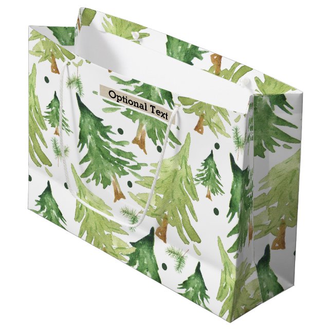 Grand Sac Cadeau Aquarelle Pine Arbres Moderne Rustique Monogramme  (Devant Angle)