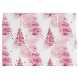 Grand Sac Cadeau Aquarelle rose arbres de noël