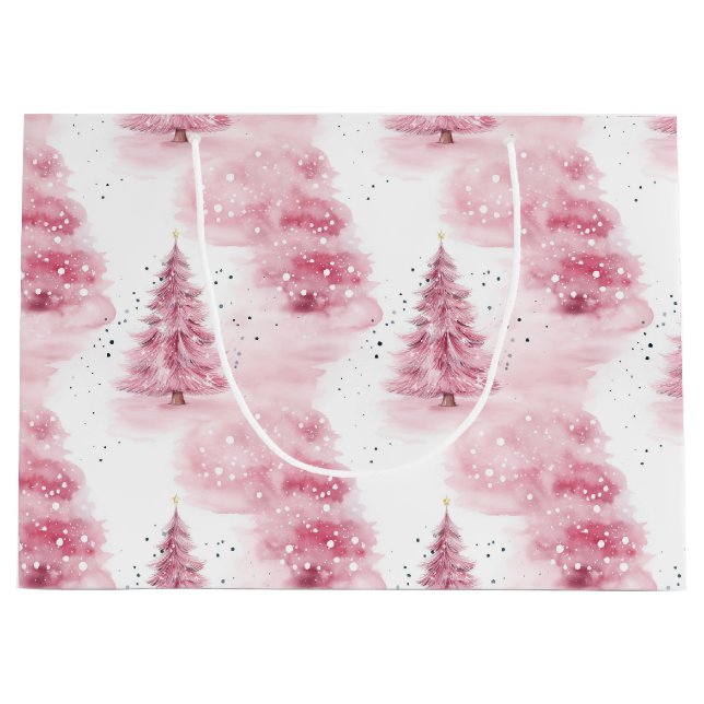 Grand Sac Cadeau Aquarelle rose arbres de noël (Devant)
