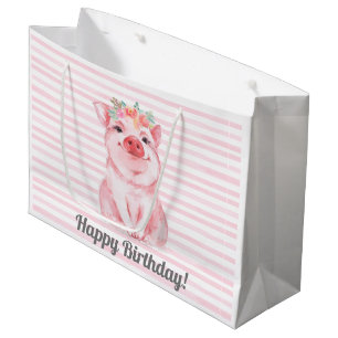 Grand Sac Cadeau Aquarelle rose mignonne Cochon Anniversaire