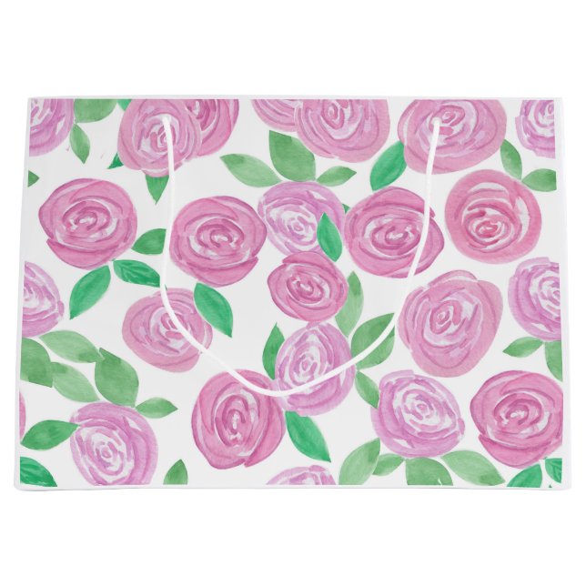 Grand Sac Cadeau Aquarelle, roses roses (Devant)