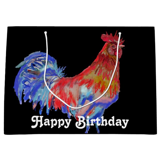 Grand Sac Cadeau Aquarelle rouge Coq Moyens Anniversaire Noir (Devant)